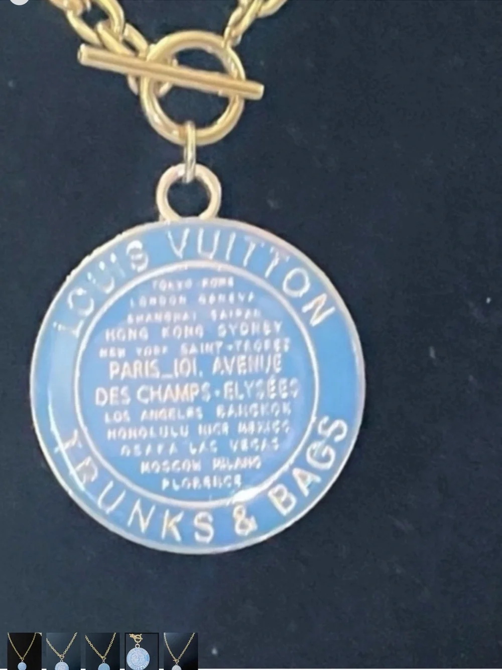 Louis Vuitton Gold Chain Necklace with Blue Medallion